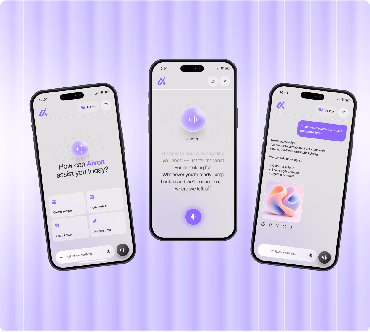 Three smartphone screens displaying Aivon AI assistant app interfaces on a purple gradient background.