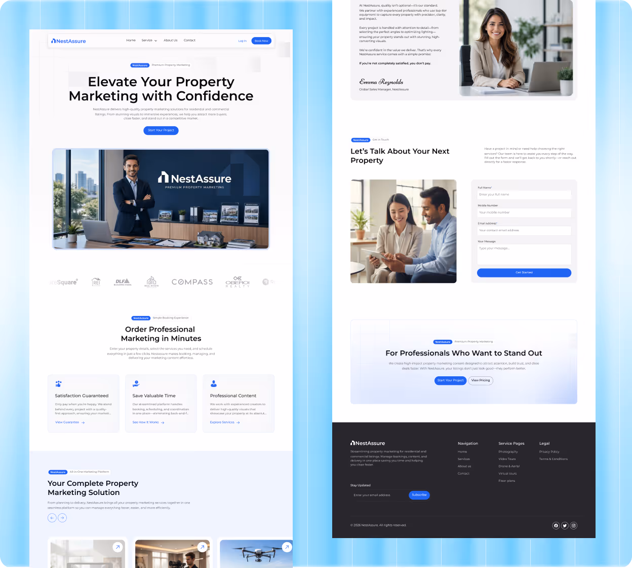 Website homepage for NestAssure showing property marketing services, featuring a header with a man in a suit, service highlights, contact form, and partnership logos.