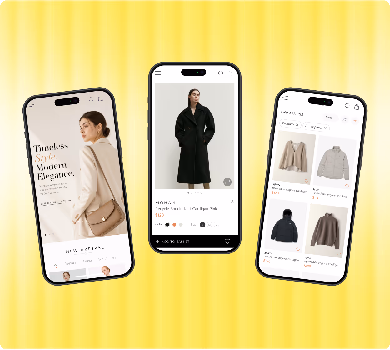 Three smartphones displaying a fashion shopping app with images of women’s clothing and options to select sizes and add items to basket, set against a yellow gradient background.