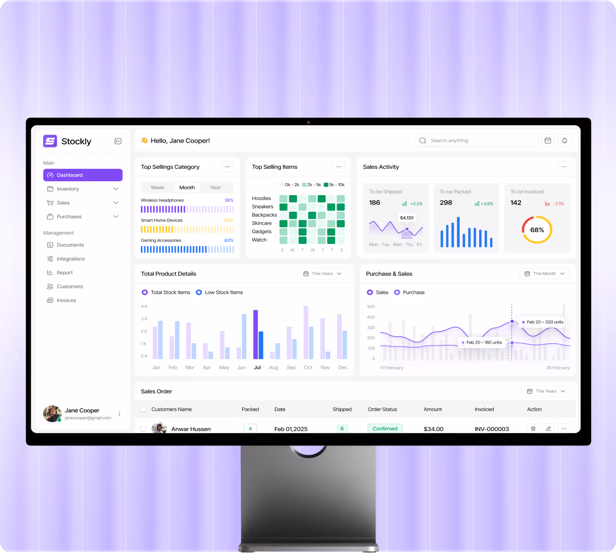 Computer monitor displaying Stockly inventory dashboard with sales categories, sales activity, product details, purchase and sales charts, and sales order list.