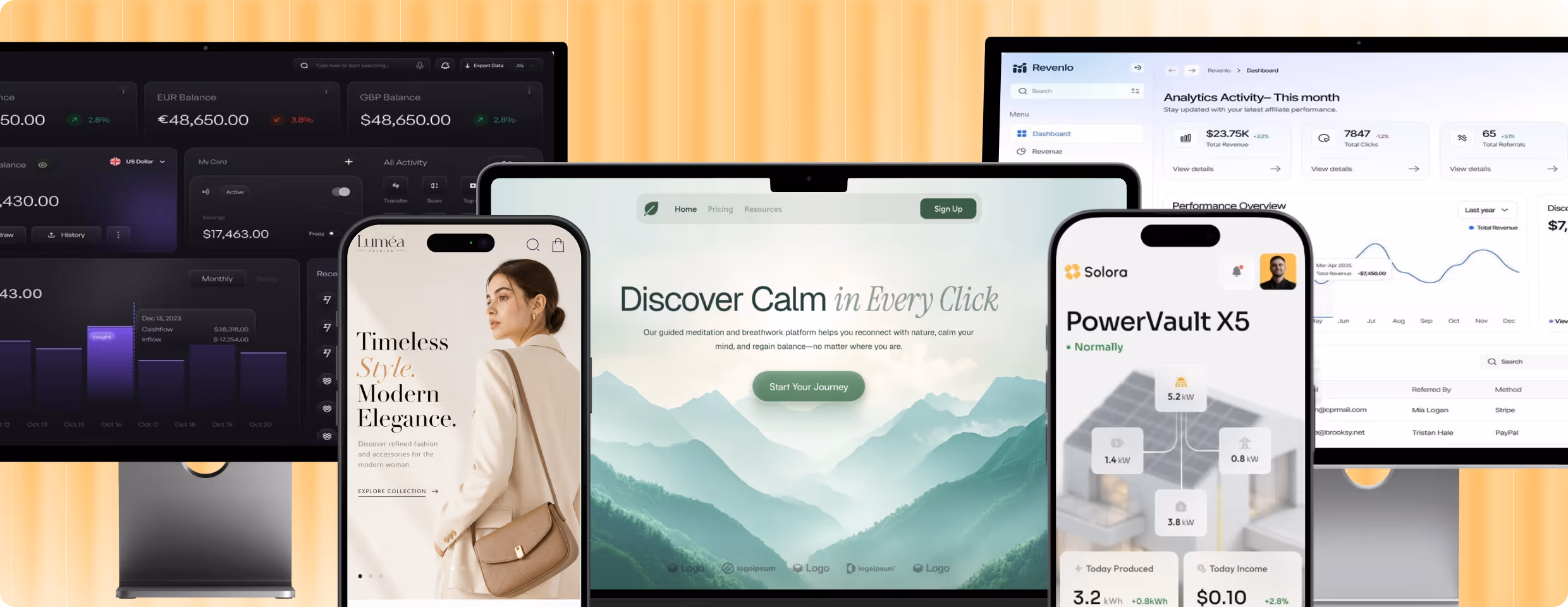Multiple digital devices displaying diverse app interfaces including finance dashboards, fashion site with woman model, meditation platform, and energy control app.