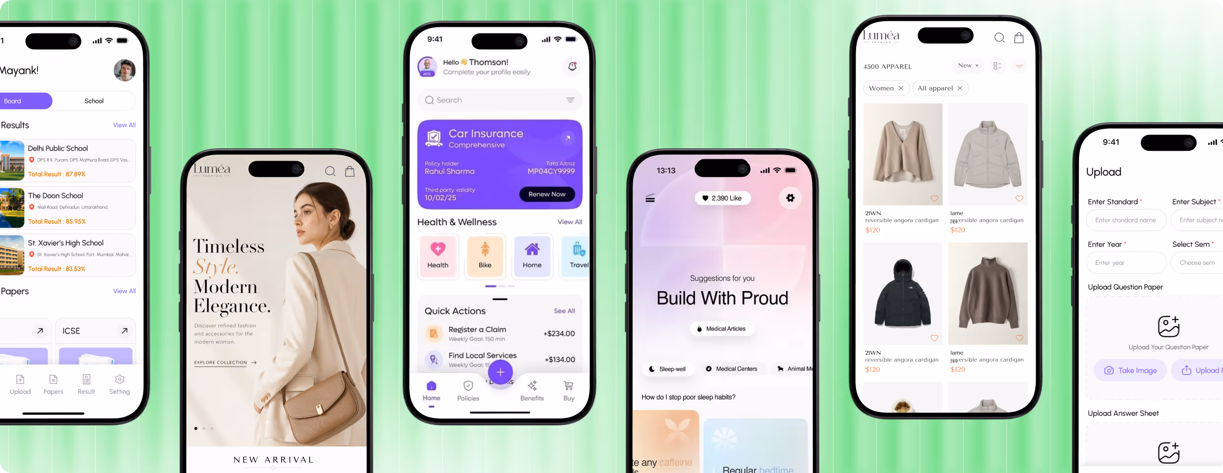 Five smartphone screens displaying different app interfaces including school results, fashion catalog, car insurance, health tips, and document upload.