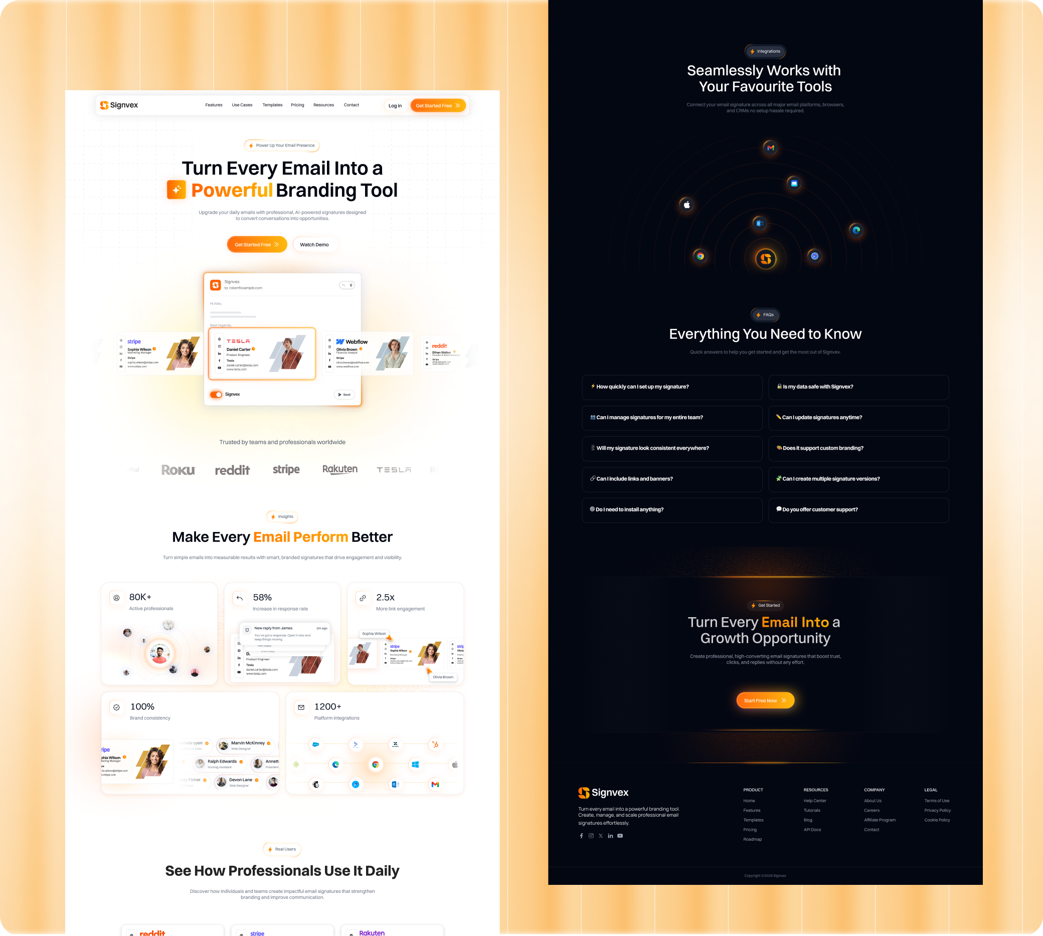 Signvex website homepage showing email signature branding tools, user stats, integrations with popular platforms, FAQ, and call-to-action buttons.