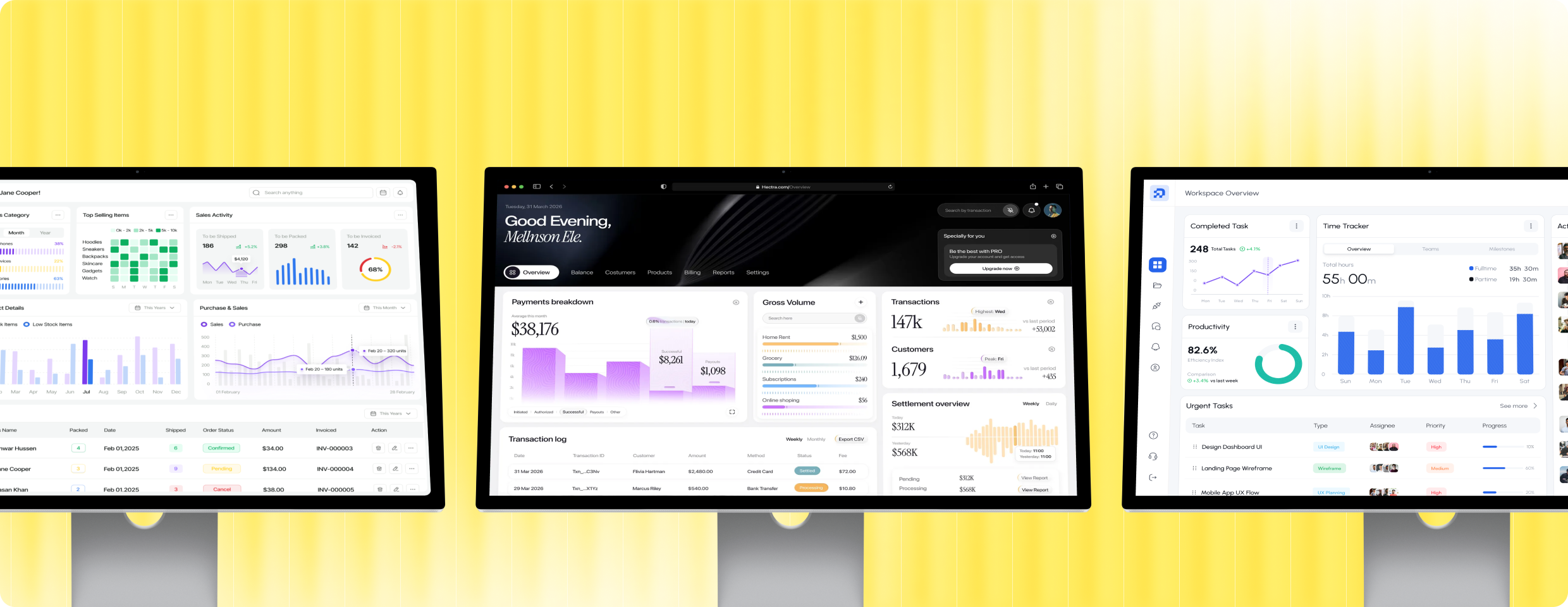 Three computer monitors displaying different data dashboards with charts and graphs against a yellow gradient background.