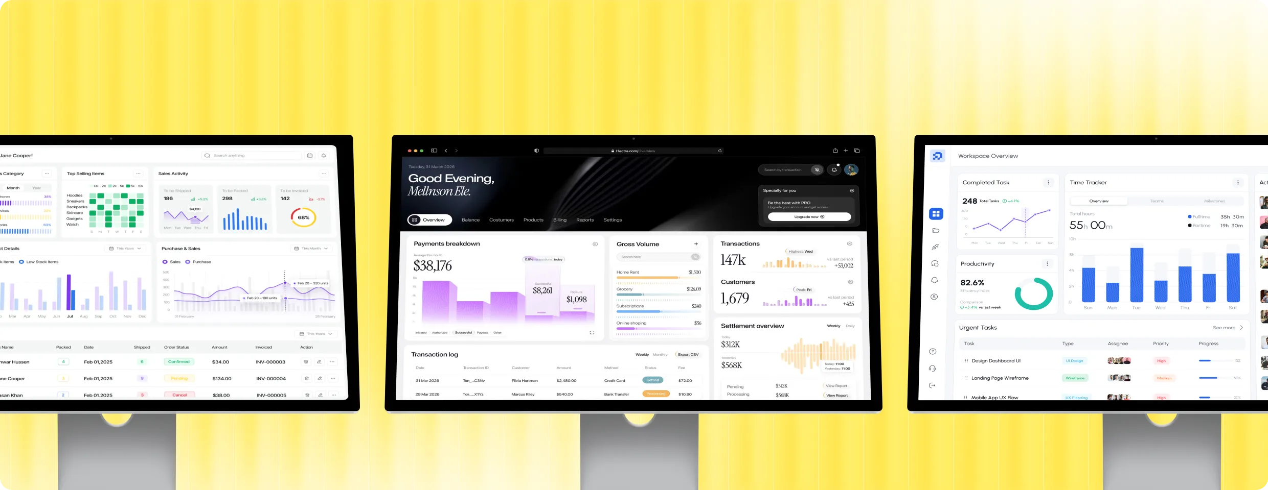 Three computer monitors displaying different data dashboards with charts and graphs against a yellow gradient background.