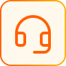 Orange headset icon with microphone inside an orange rounded square border on a light background.