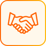 Orange line icon of two hands shaking on a white rounded square background with an orange border.