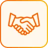 Orange line icon of two hands shaking on a white rounded square background with an orange border.