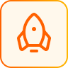 Orange rocket icon centered within an orange rounded square border on a light background.