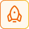 Orange rocket icon centered within an orange rounded square border on a light background.