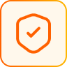Orange shield outline with a checkmark inside on a white rounded square background with an orange border.
