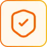 Orange shield outline with a checkmark inside on a white rounded square background with an orange border.