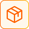 Orange outlined icon of a closed cardboard box on a rounded square background.