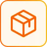 Orange outlined icon of a closed cardboard box on a rounded square background.