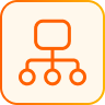 Orange flowchart icon showing a top rectangle connected to three smaller circles below by lines.