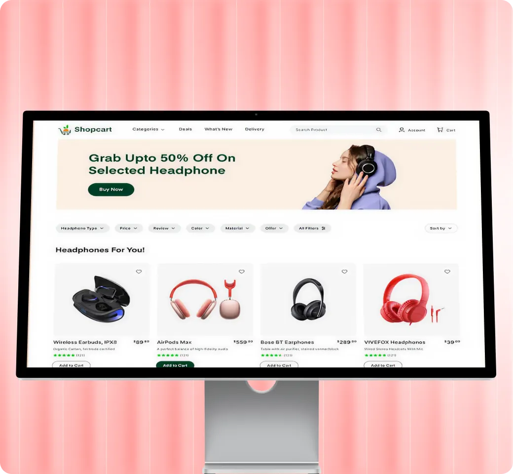 Computer screen displaying an online headphone store with product listings and a 50% off banner.