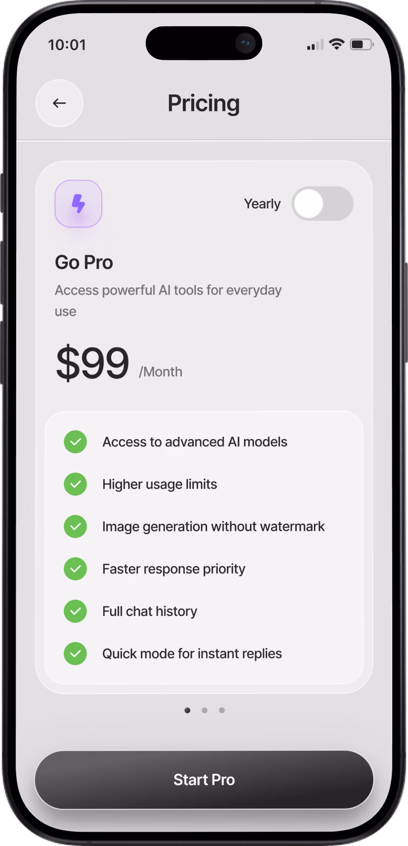 Mobile screen showing Go Pro AI tools plan at $99/month with features and start button.