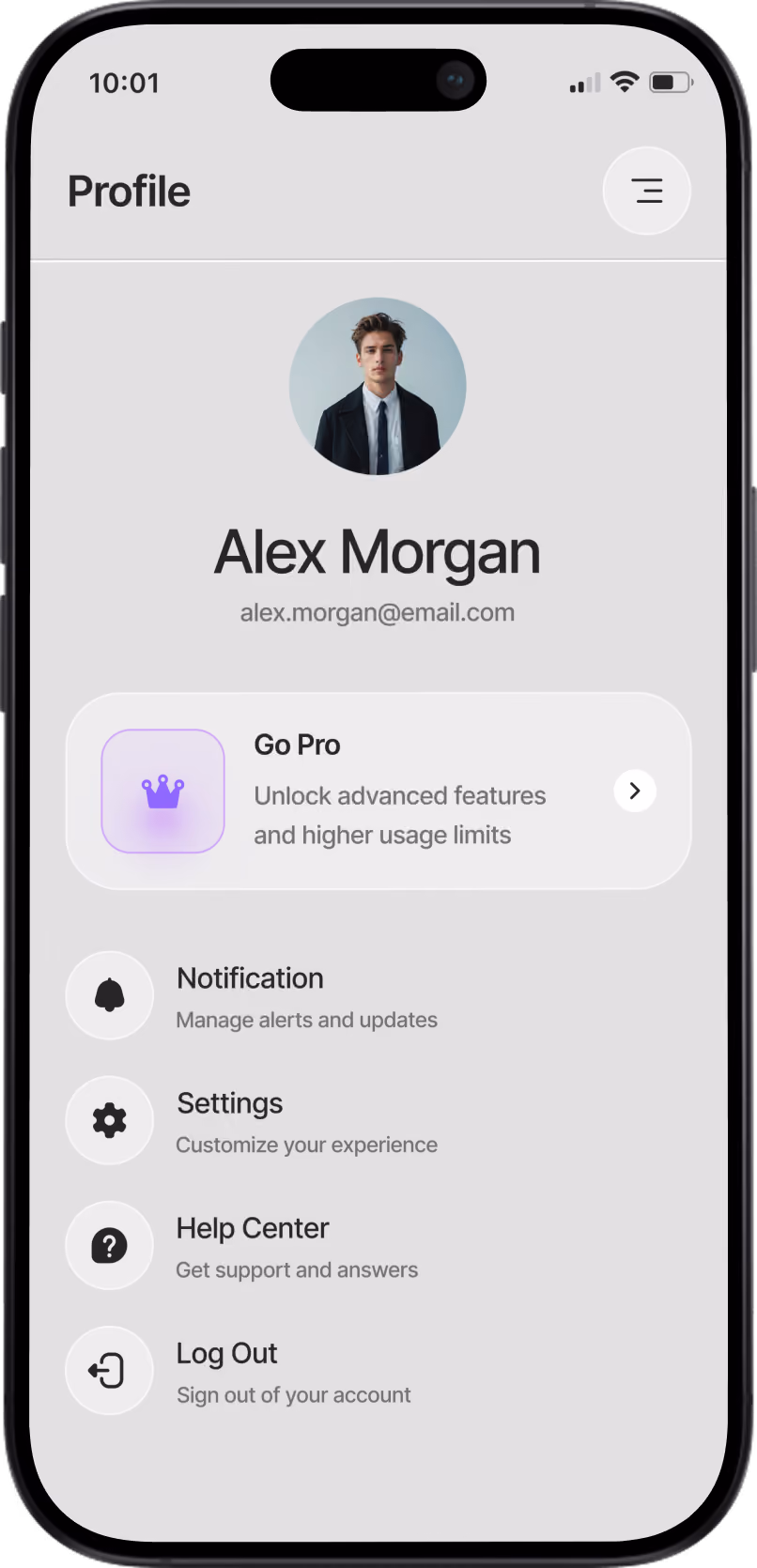 Mobile profile screen showing user Alex Morgan with options for Go Pro, Notification, Settings, Help Center, and Log Out.