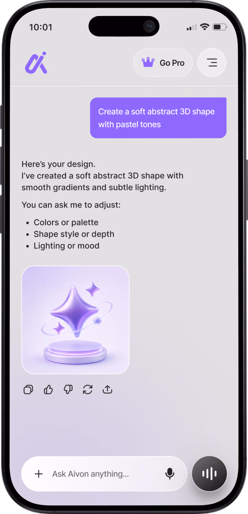 Smartphone screen showing an app chat creating a soft abstract purple 3D shape with smooth gradients.