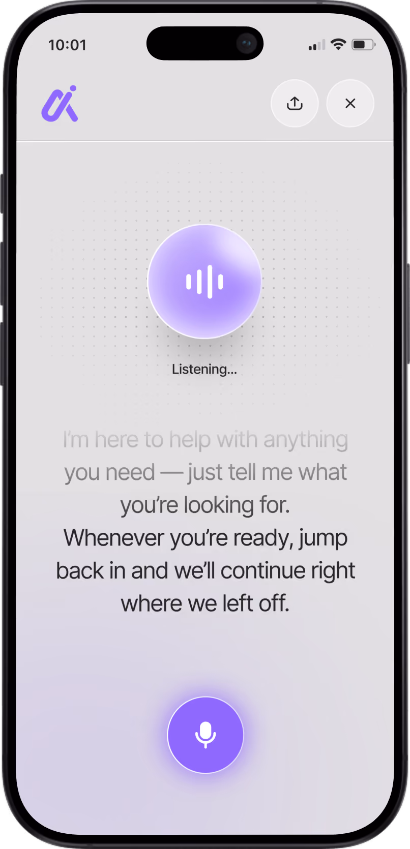 Phone screen displaying a voice assistant listening with a glowing purple microphone button and help text.