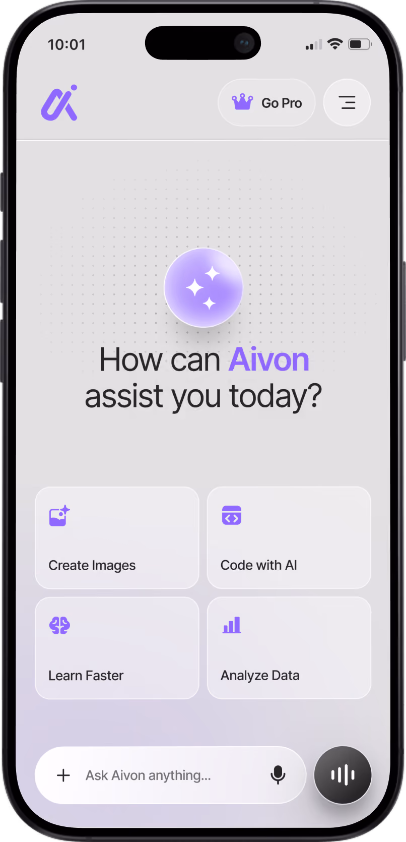 Mobile app screen asking how Aivon can assist with options: Create Images, Code with AI, Learn Faster, Analyze Data.