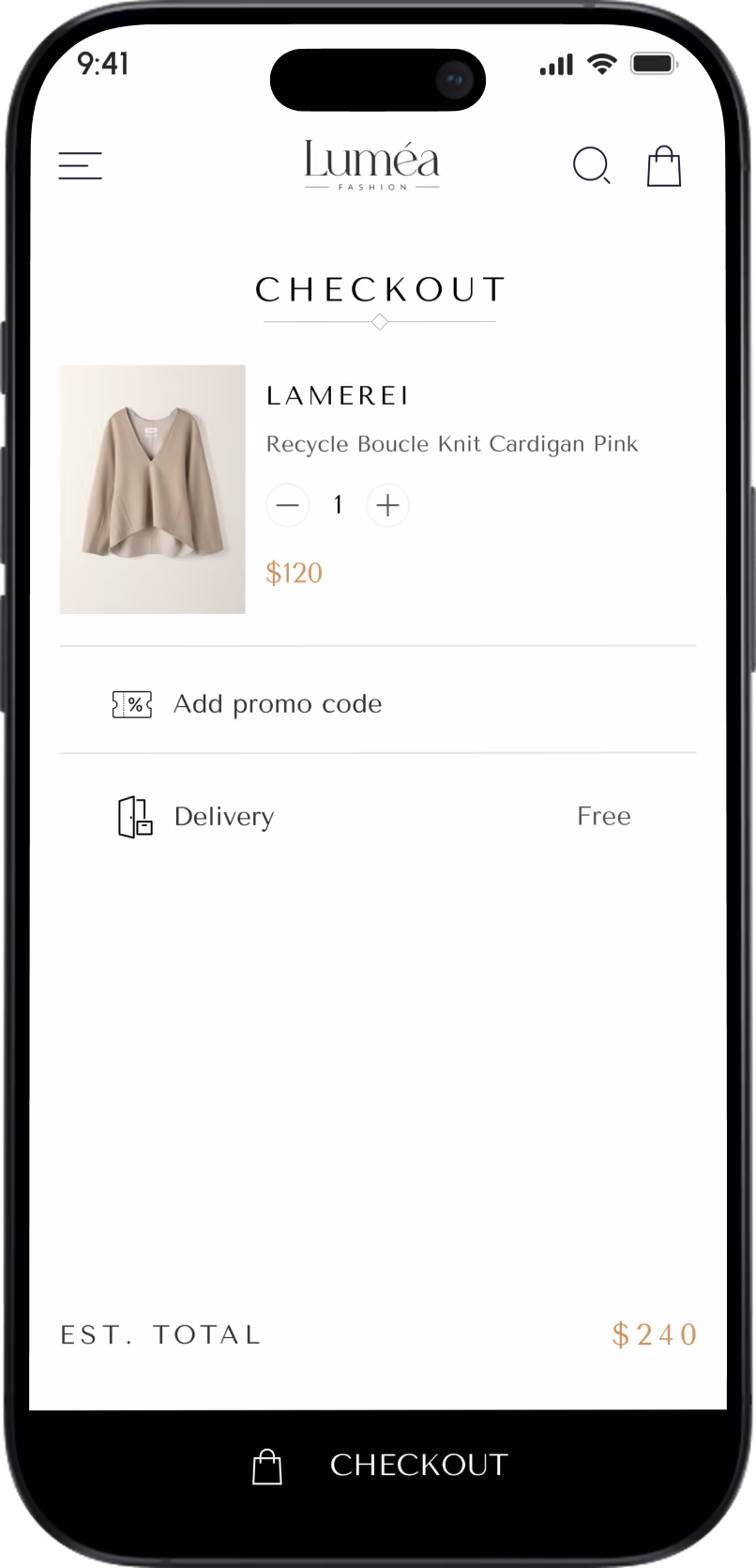 Mobile checkout screen showing a pink recycled boucle knit cardigan priced $120 with quantity 1 and free delivery.