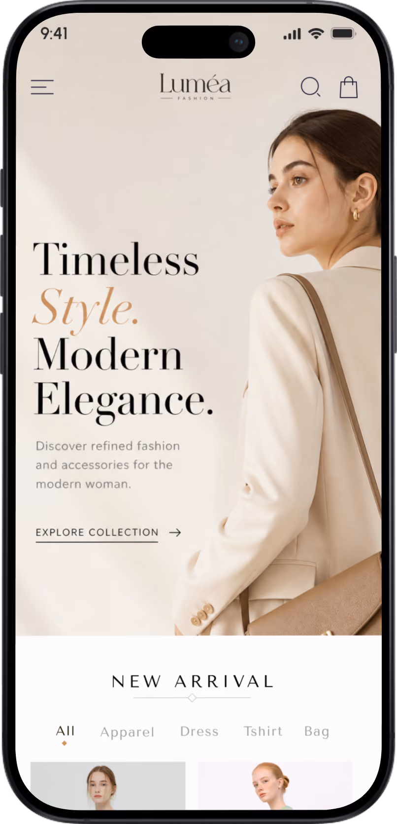 Fashion app screen with a woman in beige blazer, featuring text: Timeless Style, Modern Elegance.
