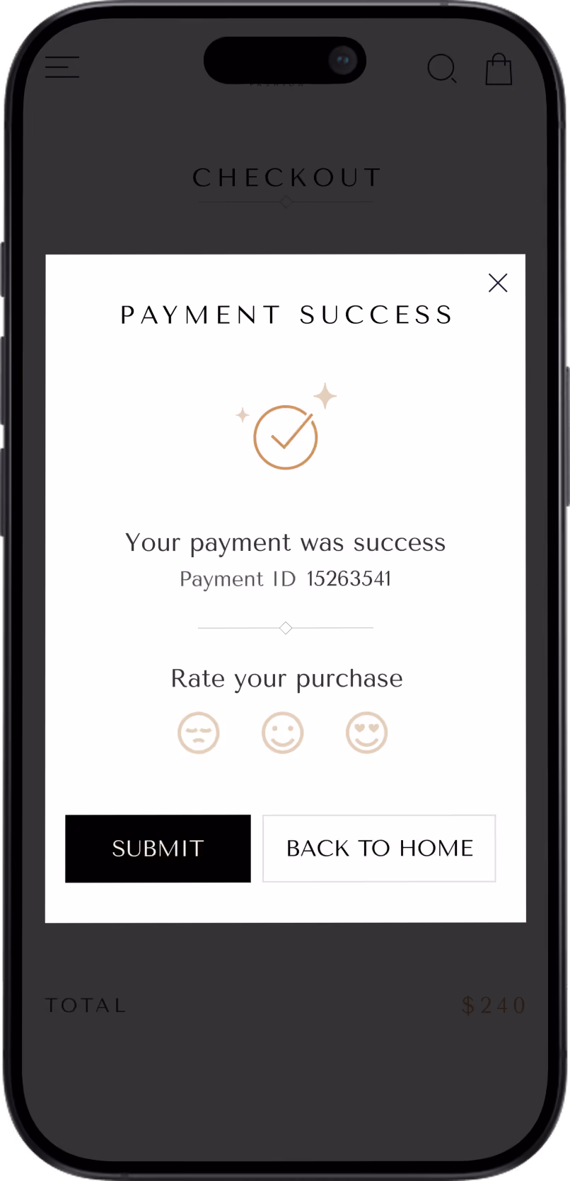 Mobile screen showing payment success message, payment ID, purchase rating emojis, and submit and back buttons.
