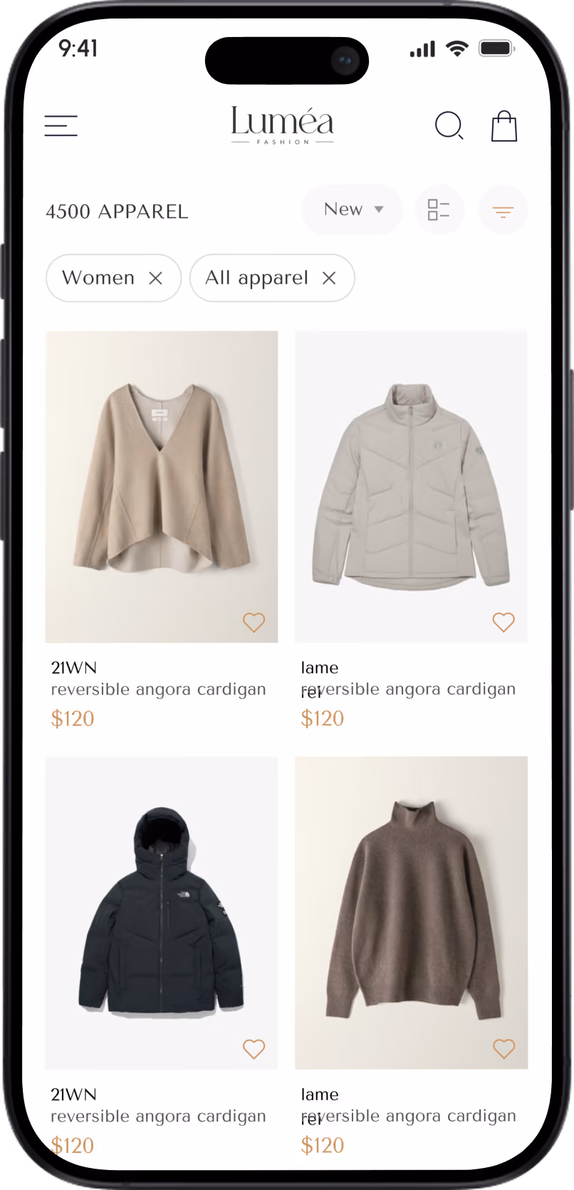 Mobile screen displaying women's apparel with sweaters and jackets priced at $120 each.