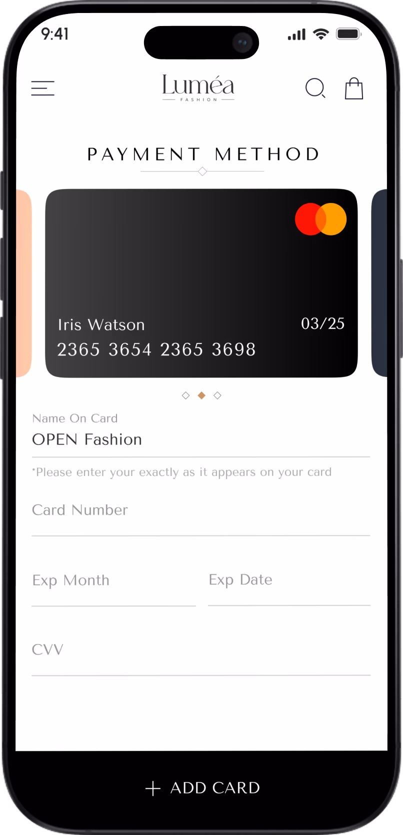 Mobile screen showing Luméa Fashion payment method with a black card and form to add card details.