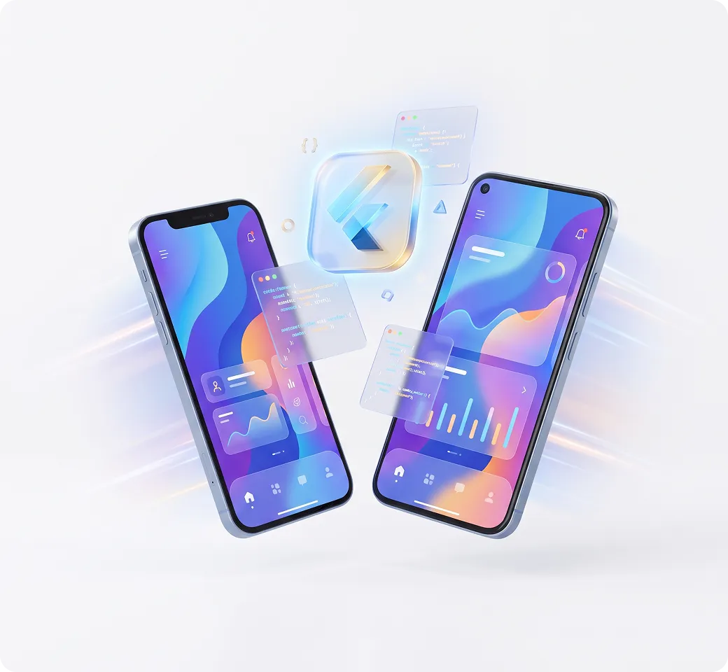 Two smartphones with colorful UI screens and floating code snippets around a glowing Flutter logo.