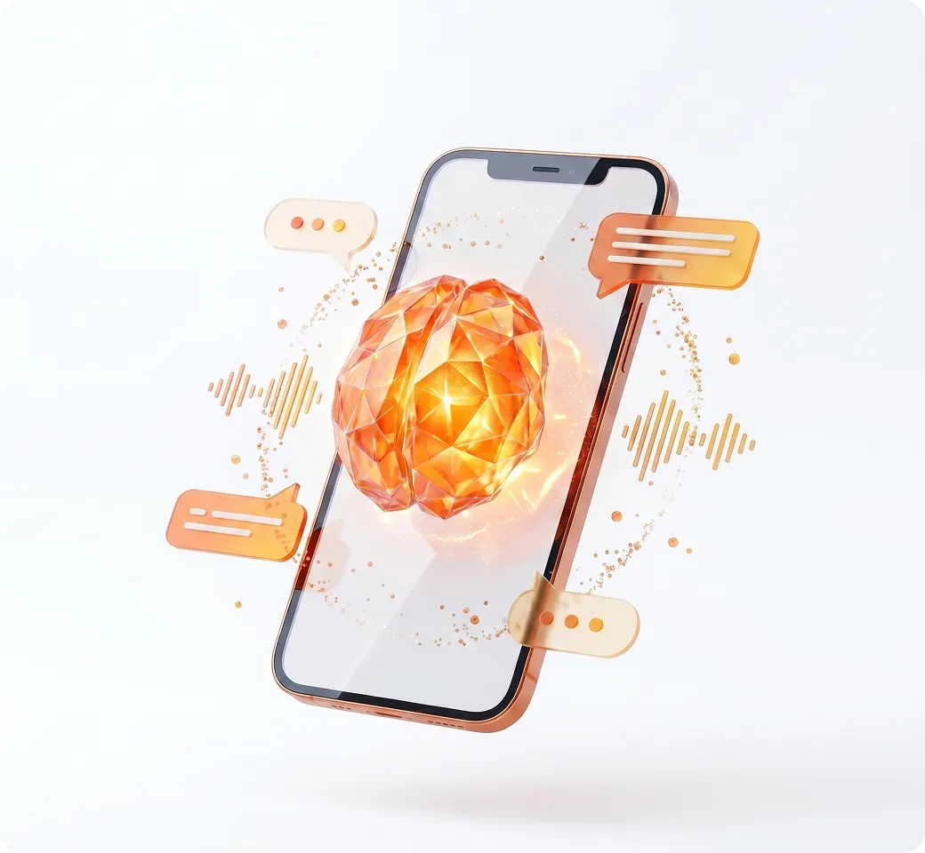Smartphone with glowing geometric brain and chat bubbles representing AI communication.