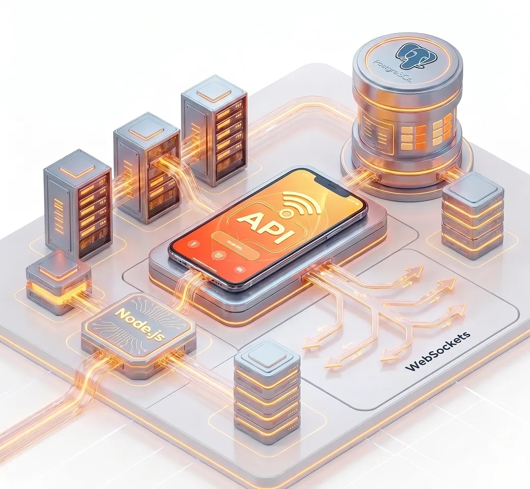 3D diagram of API on smartphone connecting Node.js, PostgreSQL, servers, and Websockets with glowing data streams.