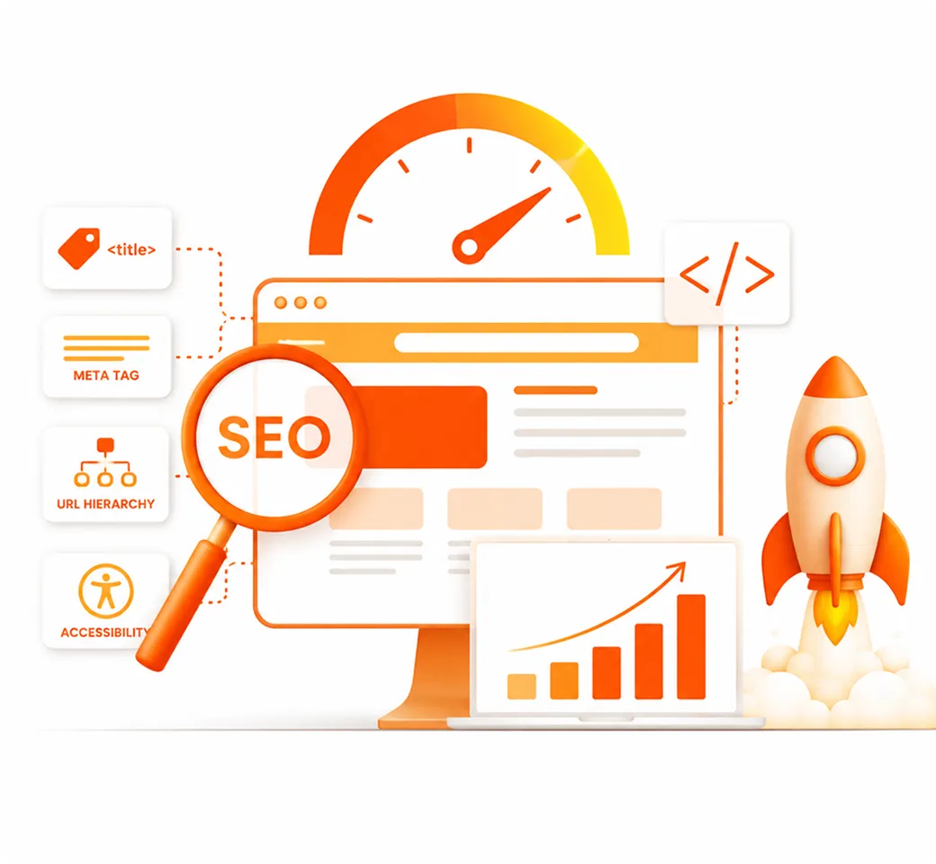 SEO concept with magnifying glass, webpage, speedometer, coding, graph, and rocket launch.