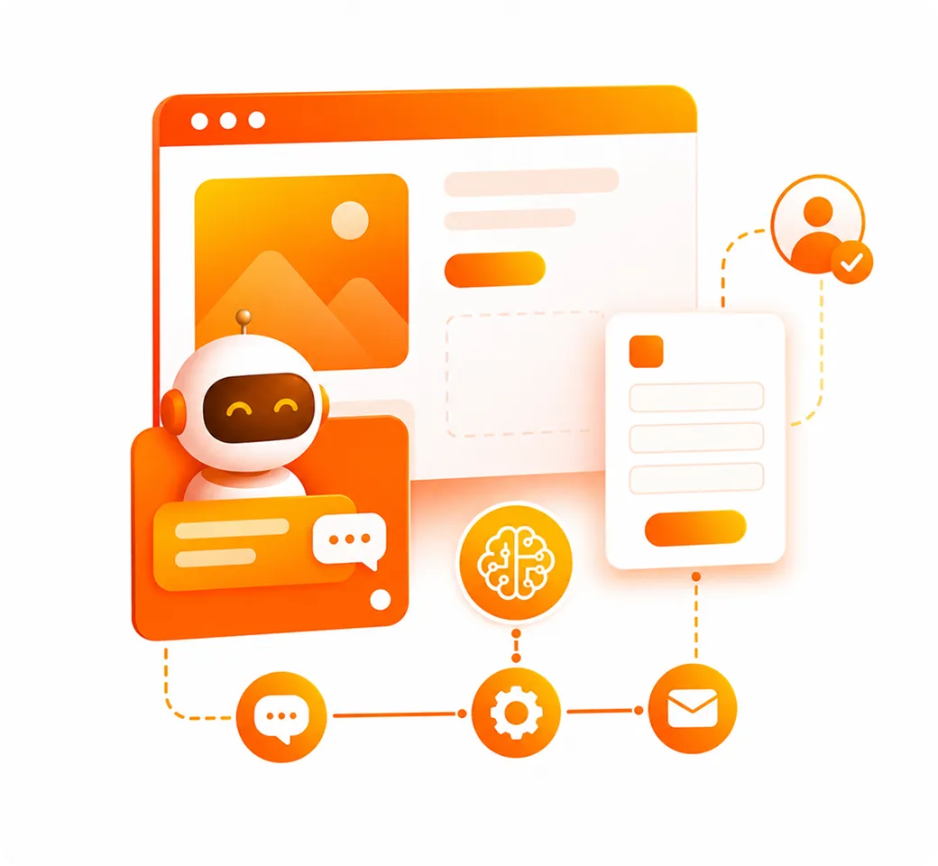 Orange-themed illustration of a smiling chatbot, user interface elements, and AI icons connected by lines.