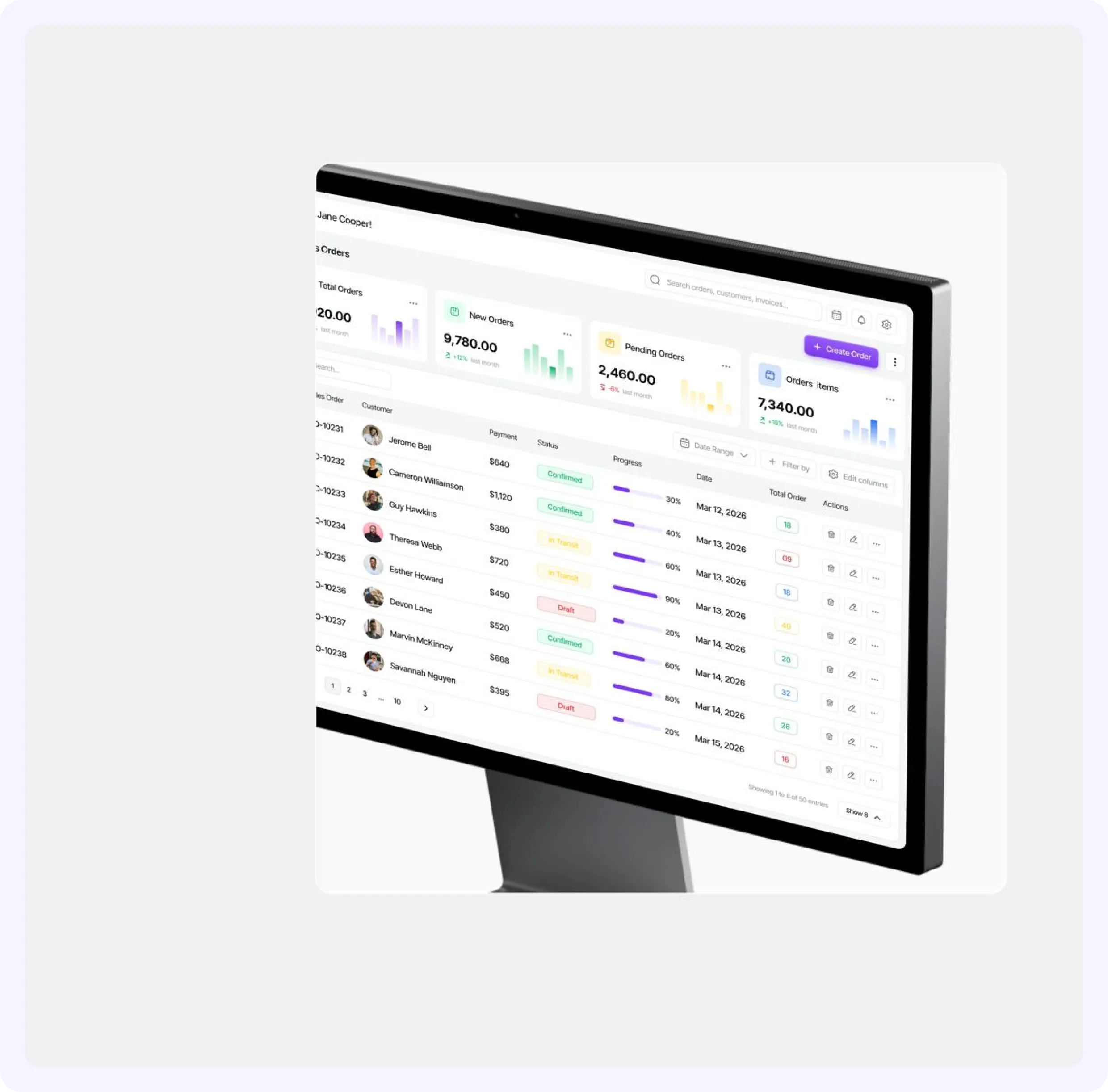 Computer monitor showing an order management dashboard with customer names, payment, and order status.