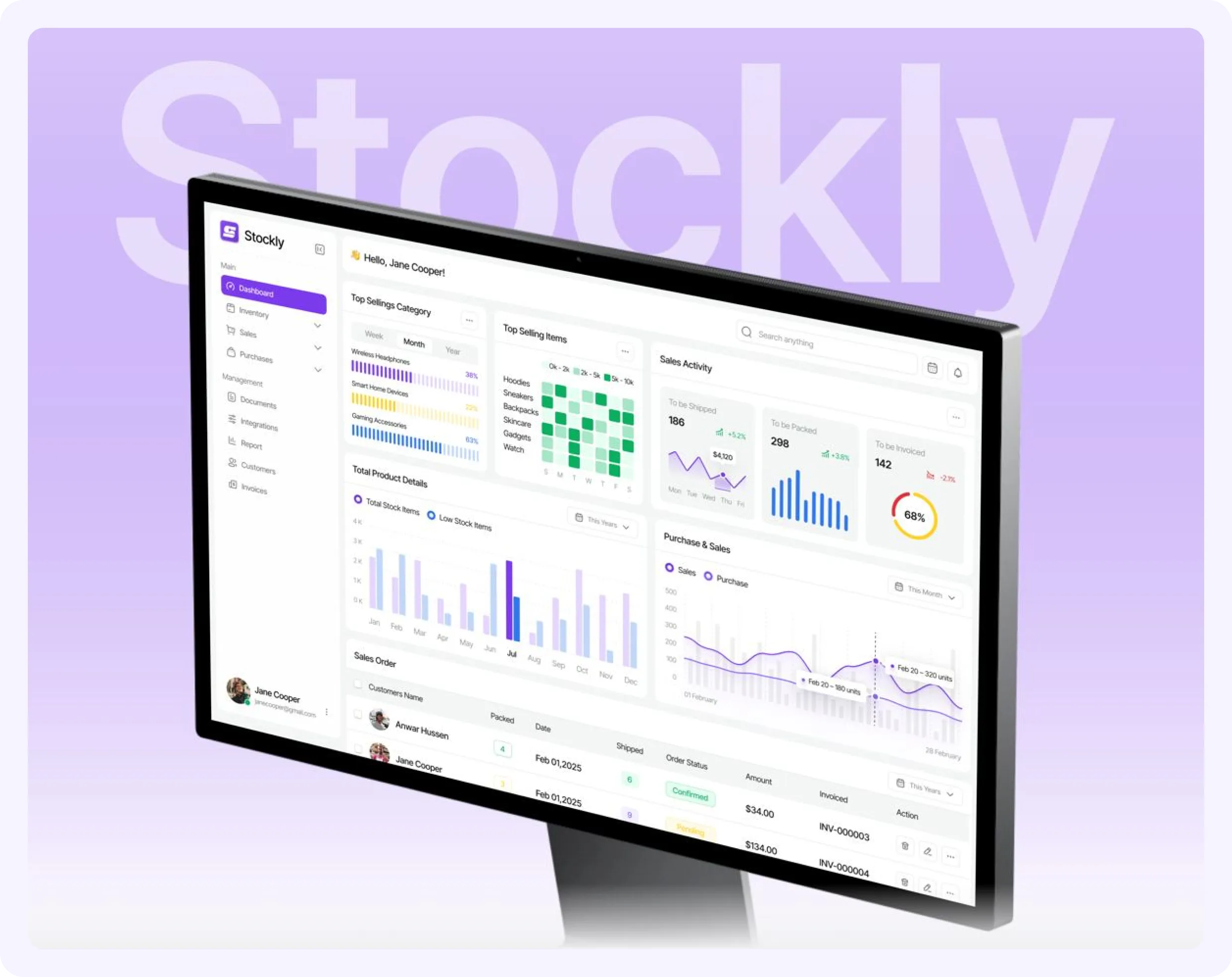 Computer monitor displaying Stockly dashboard with sales, inventory charts, and order details on purple gradient background.