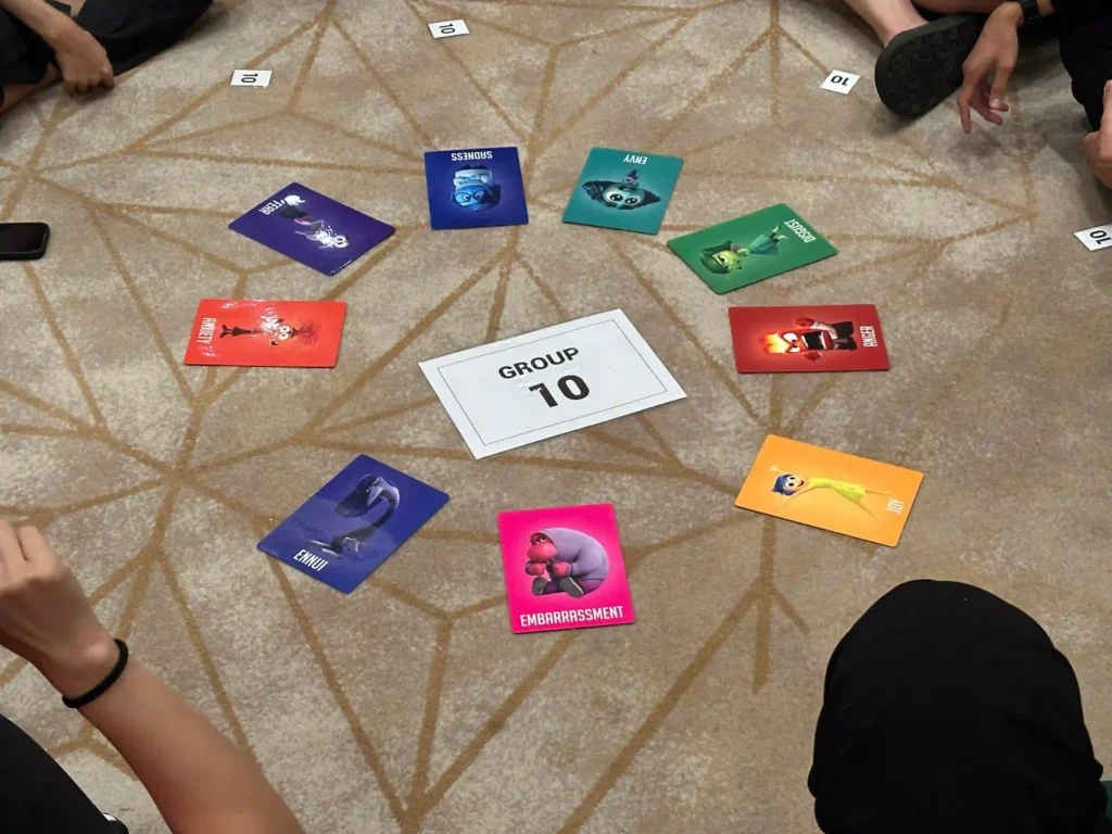 Team members engaged in a structured card activity to design better communication strategies.