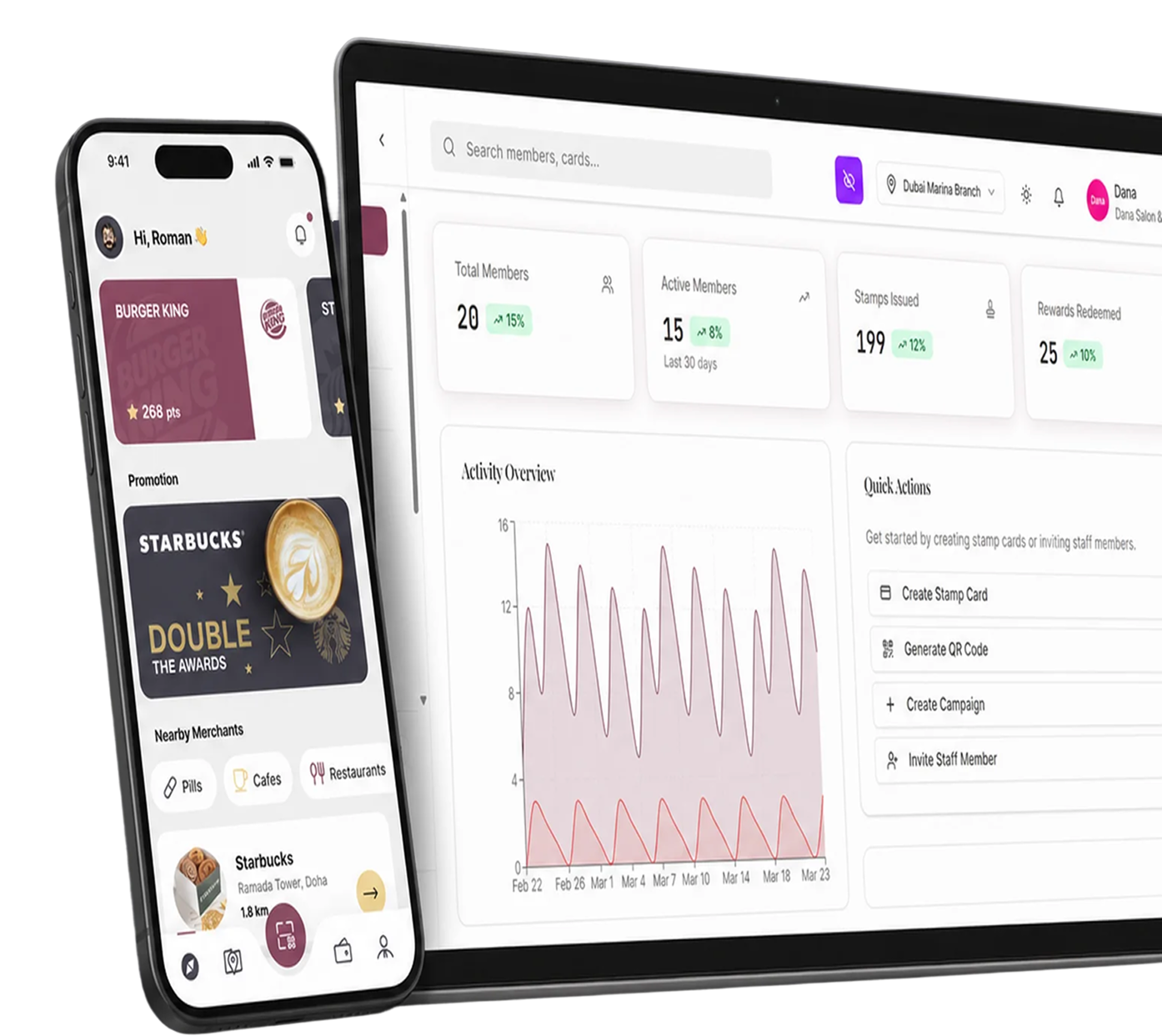 Digital rewards platform interface mockup on multiple devices with dark mode UI design.