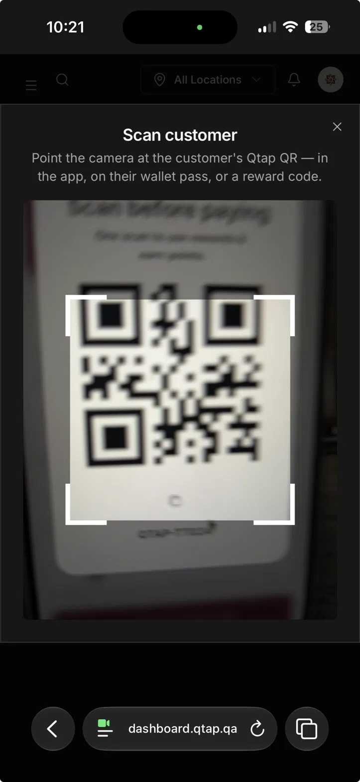 The Qtap dashboard scanning a customer code