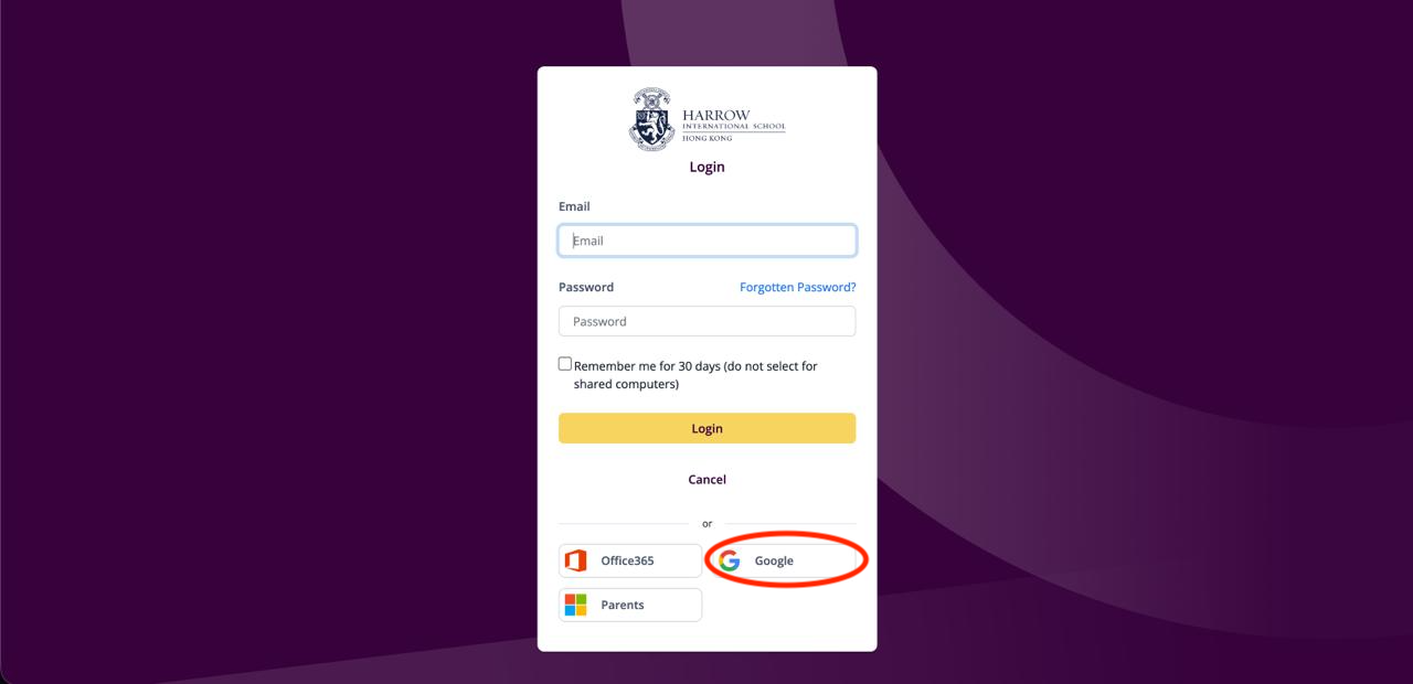 Schoolsbuddy login screen with the Google login button highlighted