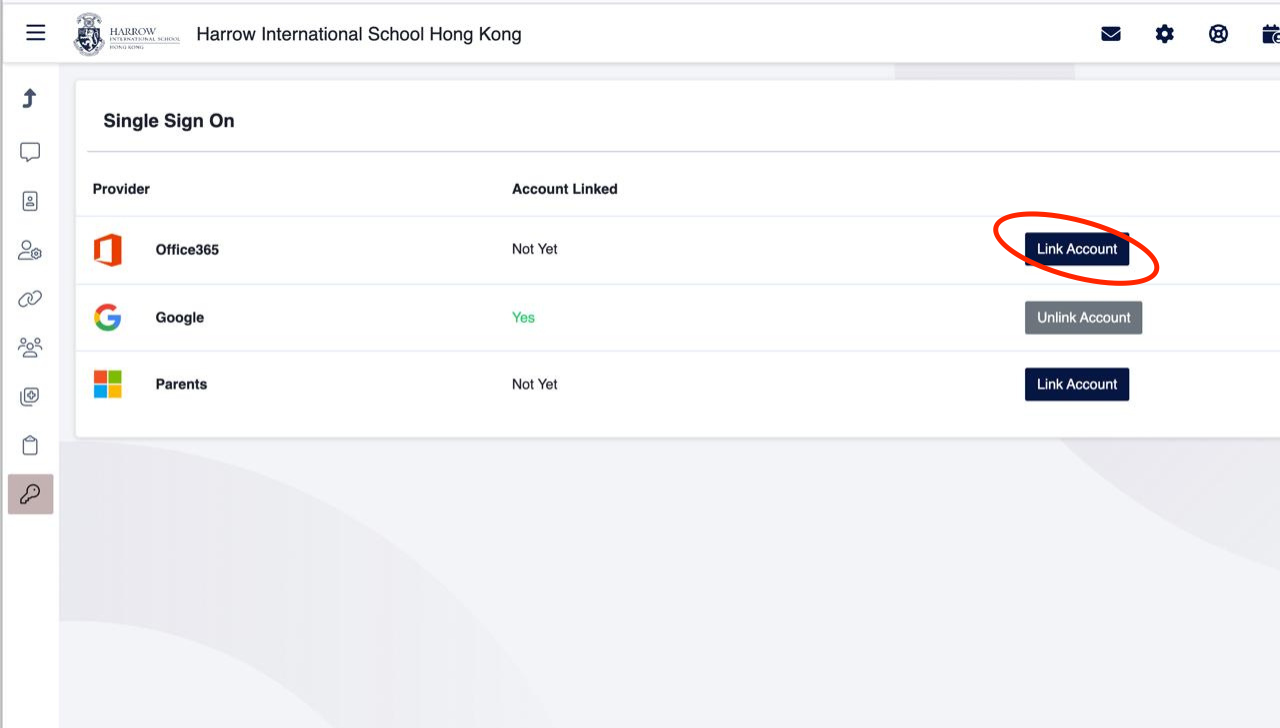 Single Sign On page with the Link Account button for Office365 highlighted
