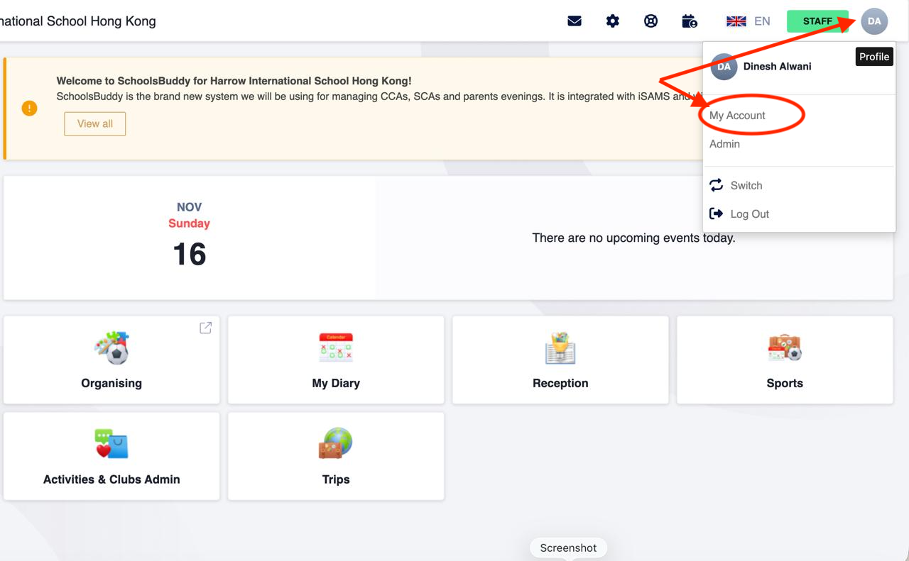 Schoolsbuddy dashboard with an arrow pointing to the My Account menu item