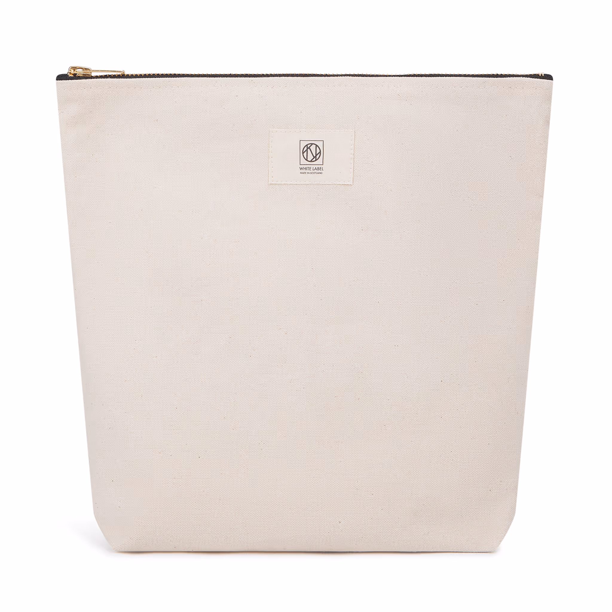 A large sturdy canvas carryall bag in a neutral tone featuring a minimalist design and a secure zipper closure along the top.