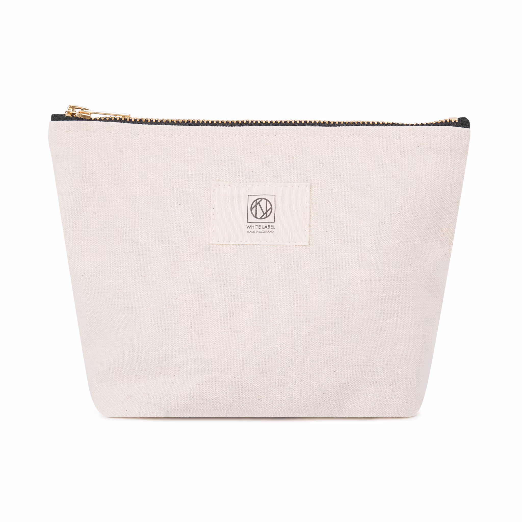 A small sturdy canvas carryall bag in a neutral tone featuring a minimalist design and a secure zipper closure along the top.