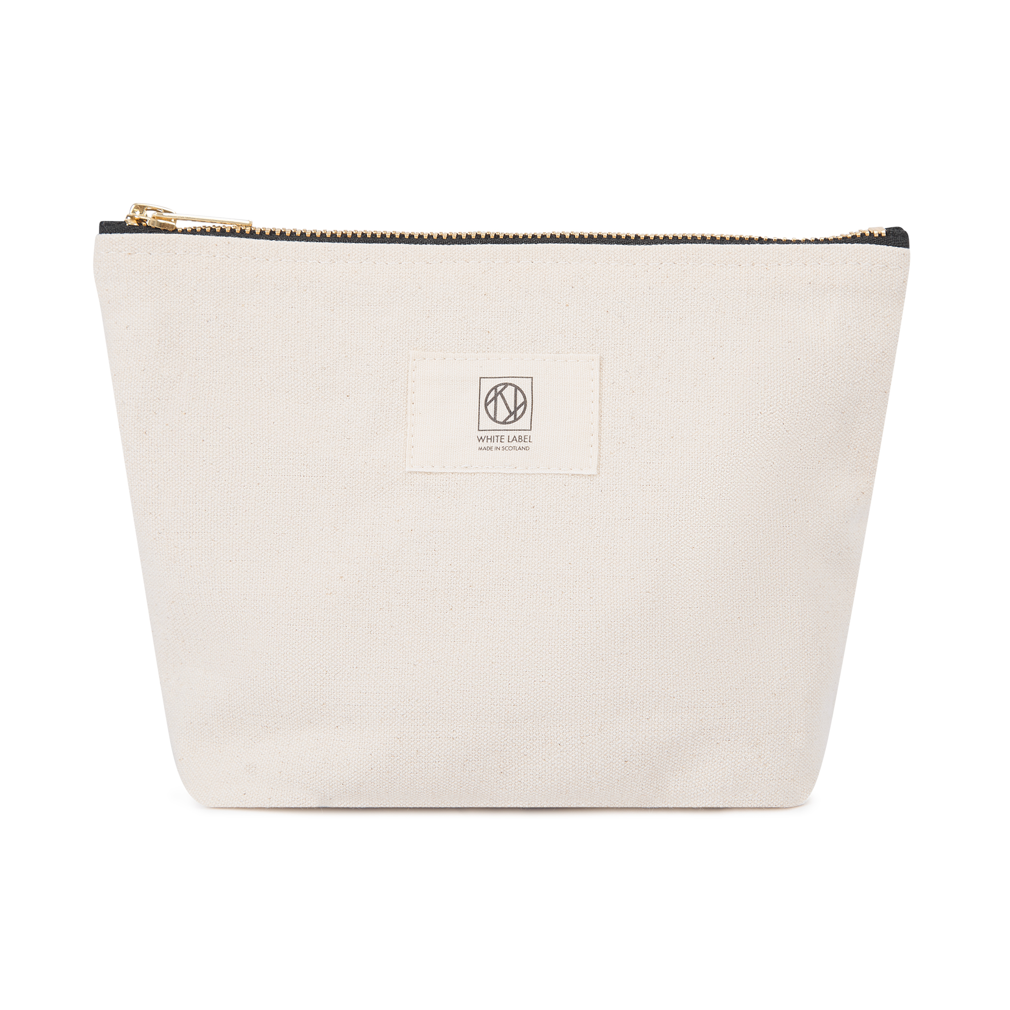 A small, sturdy canvas carryall bag in a neutral tone featuring a minimalist design and a secure zipper closure along the top.