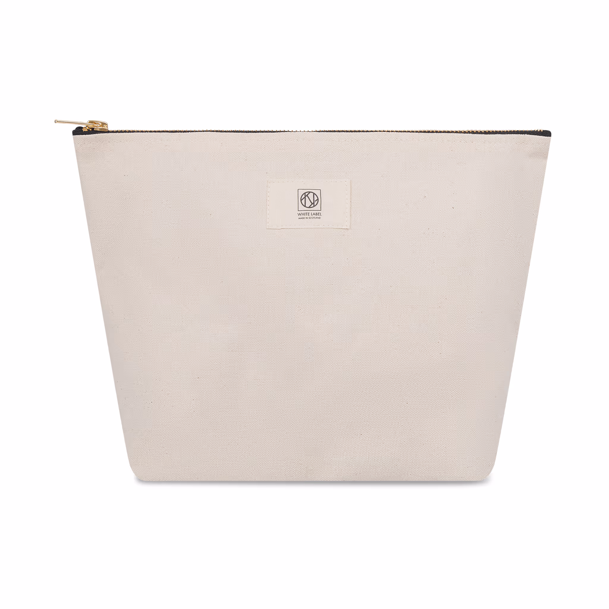 A medium sturdy canvas carryall bag in a neutral tone featuring a minimalist design and a secure zipper closure along the top.