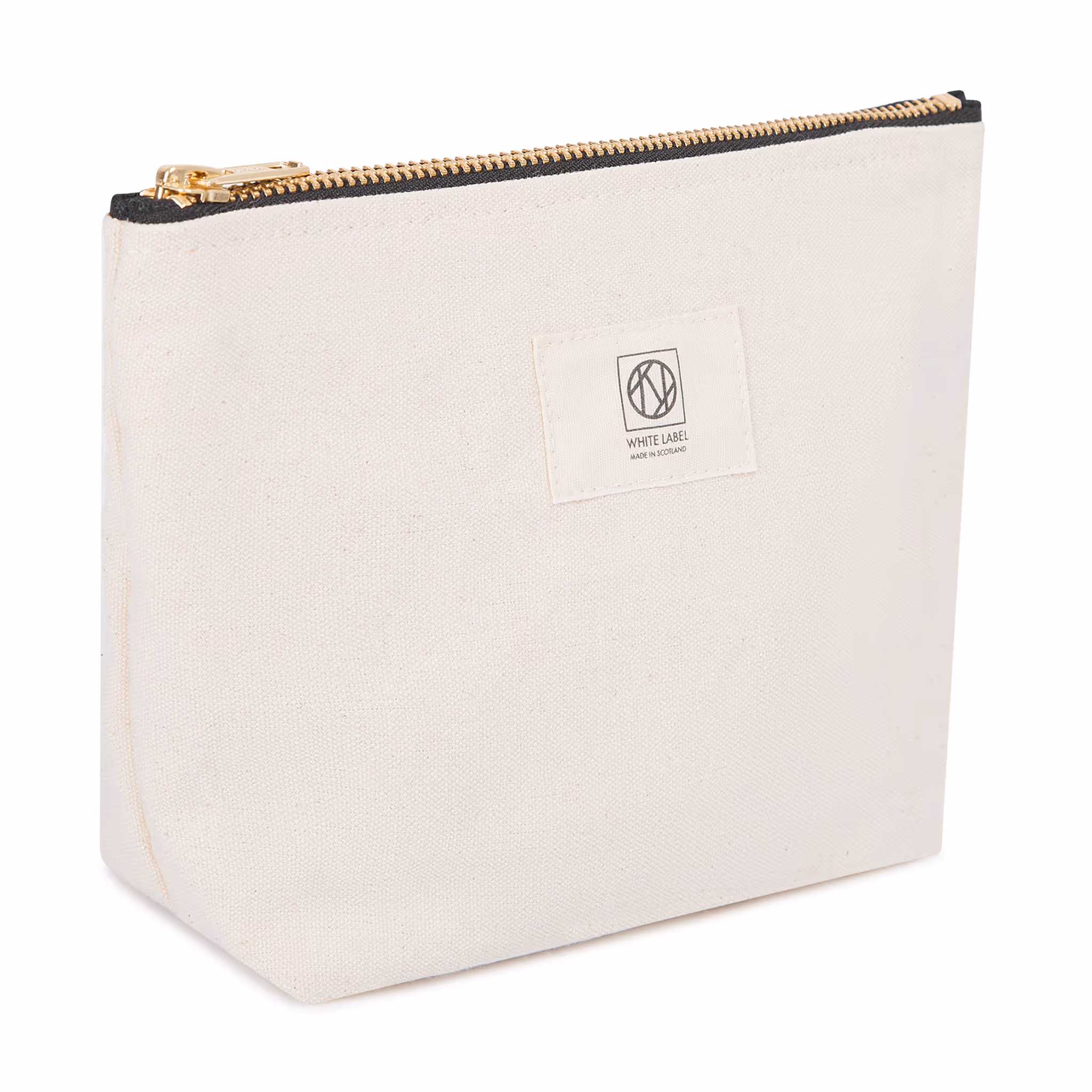 A small sturdy canvas carryall bag in a neutral tone featuring a minimalist design and a secure zipper closure along the top.