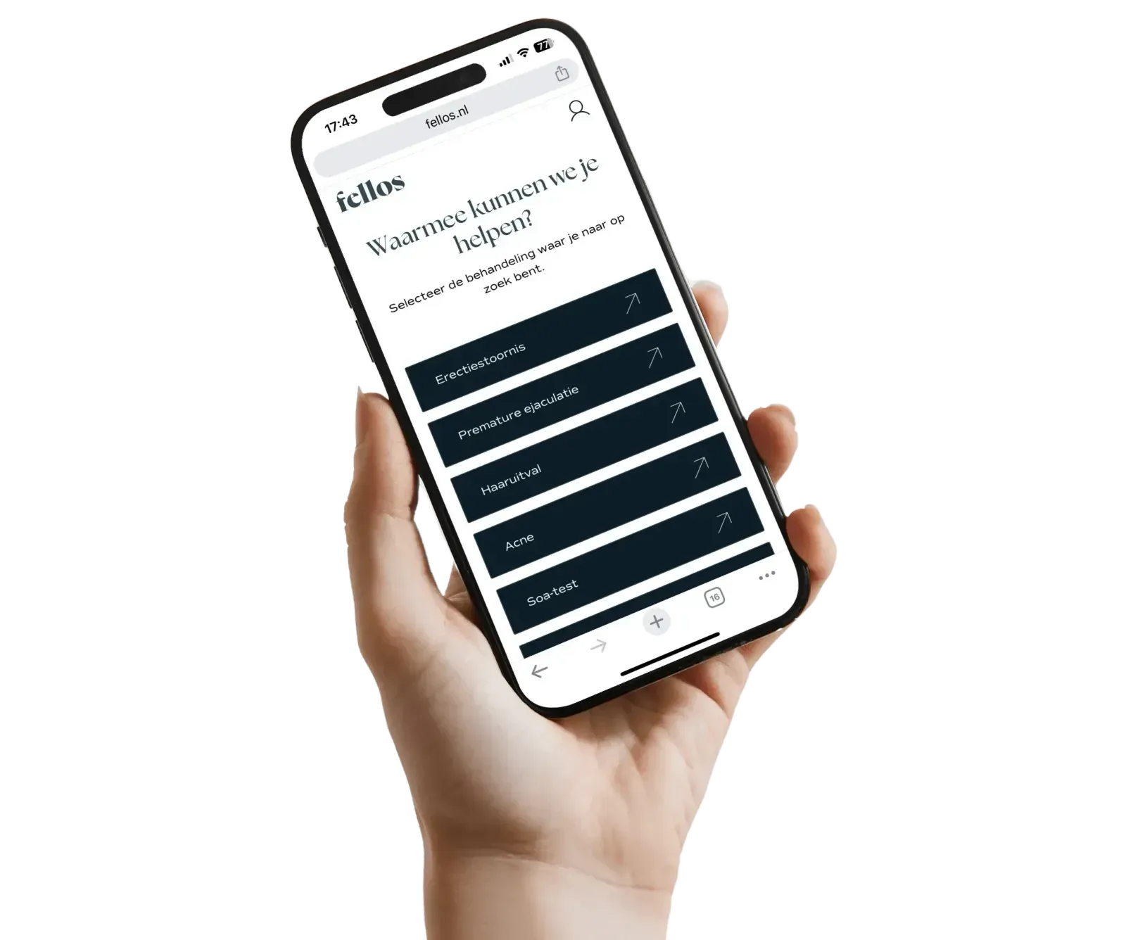 Hand met telefoon met website Fellos behandelingen open