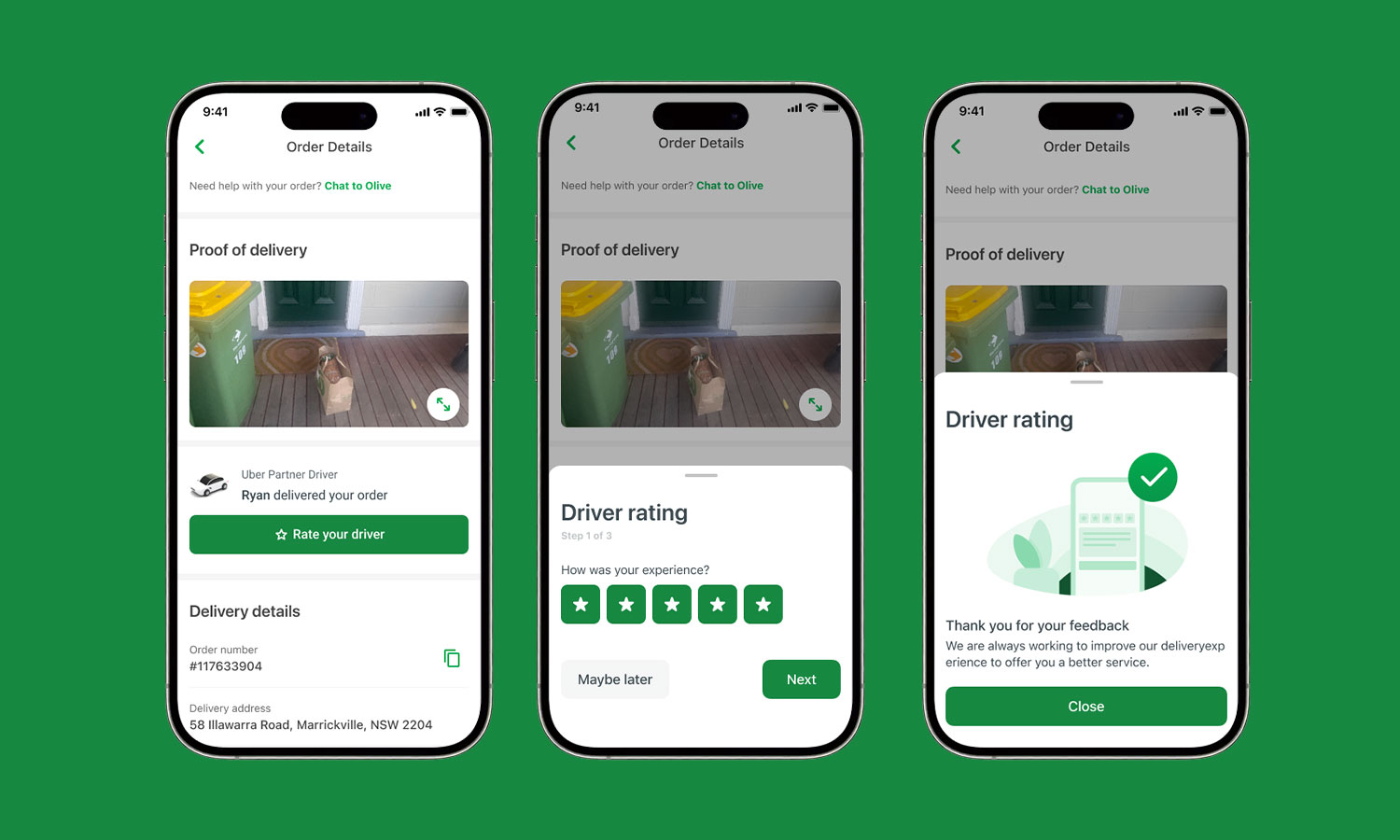 Order tracking driver rating flow, rating entry point, rating star selection, completion screen.
